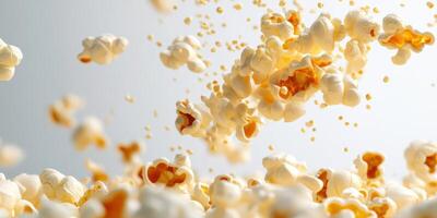 Popcorn bursts into the air in a playful display of texture and color during a cinematic snack moment photo