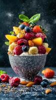 Delicious fruit salad topped with berries, nuts, and mint served in a decorative bowl on a dark background photo