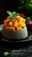 Mango coconut dessert topped with chia seeds and fresh mint on a dark plate photo