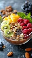 Colorful fruit and grain bowl topped with fresh berries and nuts served in a glass bowl on a dark surface photo