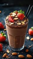 Delicious chocolate smoothie topped with strawberries and almonds perfectly arranged for a tempting treat photo