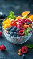 Delicious chia seed pudding topped with fresh fruits and nuts in a vibrant kitchen setting photo