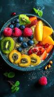 Colorful fruit bowl with chia seeds and mint on a textured background in a bright kitchen setting photo