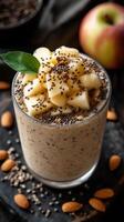 Healthy apple chia pudding topped with fresh fruit and nuts in a cozy setting photo