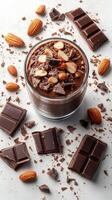 Delicious chocolate mousse topped with almonds and dark chocolate pieces on a light background photo