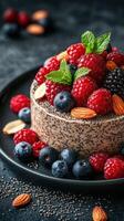 Delicious berry dessert garnished with almonds served on a dark plate in a stylish setting photo