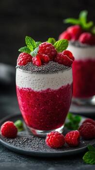 Fresh raspberry parfait with chia seeds served in a clear glass garnished with mint leaves in a dark setting photo