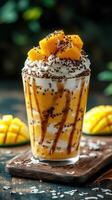 Delicious mango dessert topped with cream and chocolate, served in a clear glass during a sunny afternoon photo