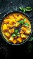 Rich mango dessert served in a bowl with basil leaves and black sesame seeds photo