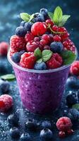 Colorful berry smoothie topped with fresh fruits and mint served in a clear cup on a textured surface photo