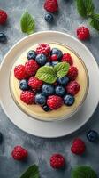 Fresh berries atop creamy dessert in a stylish bowl on a textured gray background with green mint leaves photo