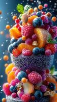 Colorful fruit tower with berries and citrus displayed on a dark background photo