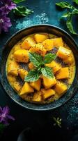 Mango and chia seed dessert served in a ceramic bowl with mint leaves and flowers on a dark background photo