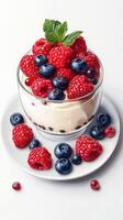 Delicious berry dessert served in a clear glass bowl with fresh mint leaf garnish and scattered berries on a white plate photo