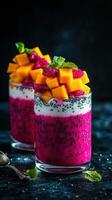 Colorful tropical fruit parfaits with dragon fruit and mango on a dark background photo