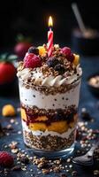 Delicious dessert with layers of yogurt, fruits, and granola topped with a birthday candle in a festive setup photo