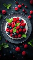 Fresh berry dessert garnished with mint leaves on a dark background showcasing vibrant colors and textures photo