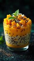Healthy mango chia pudding dessert with coconut and mint garnish served in a glass bowl photo