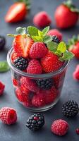 Freshly picked strawberries, raspberries, and blackberries arranged in a glass jar with mint leaves on a dark background photo