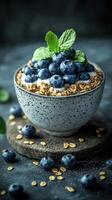 Fresh blueberry and granola bowl garnished with mint leaves on a textured dark surface photo