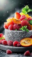 Fresh fruit cake with strawberries and mint on a dark background featuring vibrant colors and textures photo