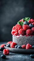 Delicious berry cake topped with fresh raspberries and blueberries on a dark background photo