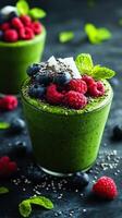 Fresh green smoothie topped with berries and mint on a dark textured surface photo