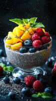 Delicious chia seed pudding topped with fresh mango, raspberries, and blueberries in a stylish glass bowl photo