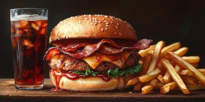 Juicy burger topped with crispy bacon served with fries and a refreshing drink on a wooden surface photo
