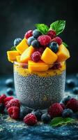 Colorful chia seed pudding topped with fresh berries and mango in a glass cup on a dark background, perfect for a healthy dessert photo