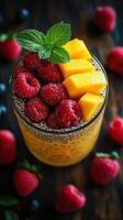 Delicious dessert with chia seeds, mango, and fresh raspberries in a glass bowl on a wooden table setting photo