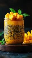 Refreshing mango dessert with chia seeds and mint served in a jar on a wooden surface photo
