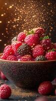 Fresh raspberries and blackberries tumble in a bowl as golden particles dance in the air at sunset photo