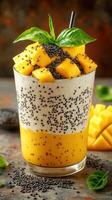 Refreshing mango chia pudding topped with fresh mango and basil in a stylish glass photo