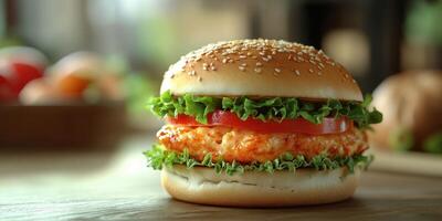 Delicious chicken burger with fresh lettuce and tomato served on a wooden table photo