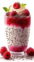 Delicious dessert featuring layers of raspberry, yogurt, and chia seeds with fresh raspberries and mint garnish photo
