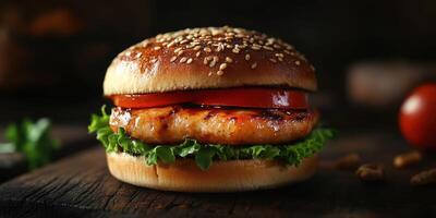 Juicy grilled chicken burger with fresh toppings on a rustic wooden surface at a cozy kitchen setting photo