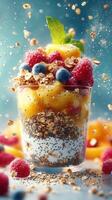 Delicious colorful parfait with yogurt, fruits, and granola captures the essence of a healthy breakfast photo