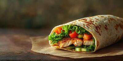 Delicious wrap filled with grilled chicken, fresh vegetables, and greens in a cozy setting perfect for a quick meal photo