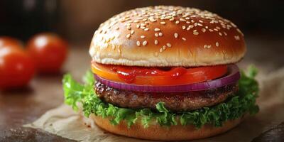 Freshly prepared burger with lettuce, tomato, onion, and sesame seed bun served with ripe tomatoes on the side photo