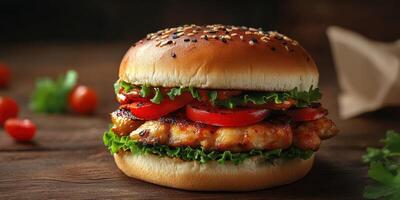 Delicious chicken burger with fresh toppings presented on wooden table during a sunny meal time photo