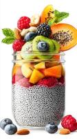 Colorful chia seed pudding topped with an assortment of fresh fruits and nuts in a jar photo