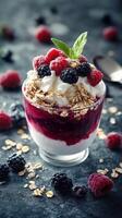 Delicious layer of yogurt, berries, and granola served in a glass bowl showing vibrant colors photo