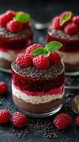 Decadent chocolate raspberry dessert cups with layers of cream and chia seeds photo
