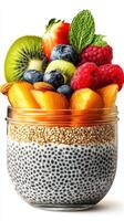 Delicious chia seed pudding topped with fresh fruits in a jar at a bright kitchen setting photo