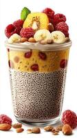 Delicious chia seed pudding topped with fresh fruits and nuts for a healthy snack option photo