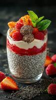 Delicious layered chia seed pudding with fresh fruits and mint on a dark table photo
