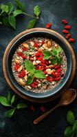 Healthy bowl of chia seeds topped with nuts and goji berries, beautifully arranged for a nutritious breakfast option photo