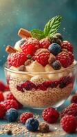 Delicious dessert creation featuring fresh berries, cream, and spices with vibrant colors and textures photo