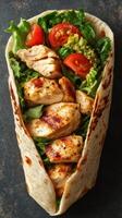 Delicious grilled chicken wrap with fresh lettuce, tomatoes, and guacamole prepared in a warm tortilla photo